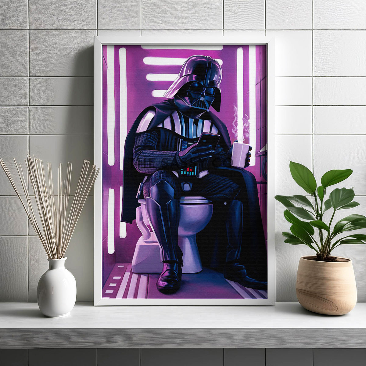 Star Wars inspired, Pink Neon Darth Vader bathroom wall art painting canvas, framed print for bathroom decor