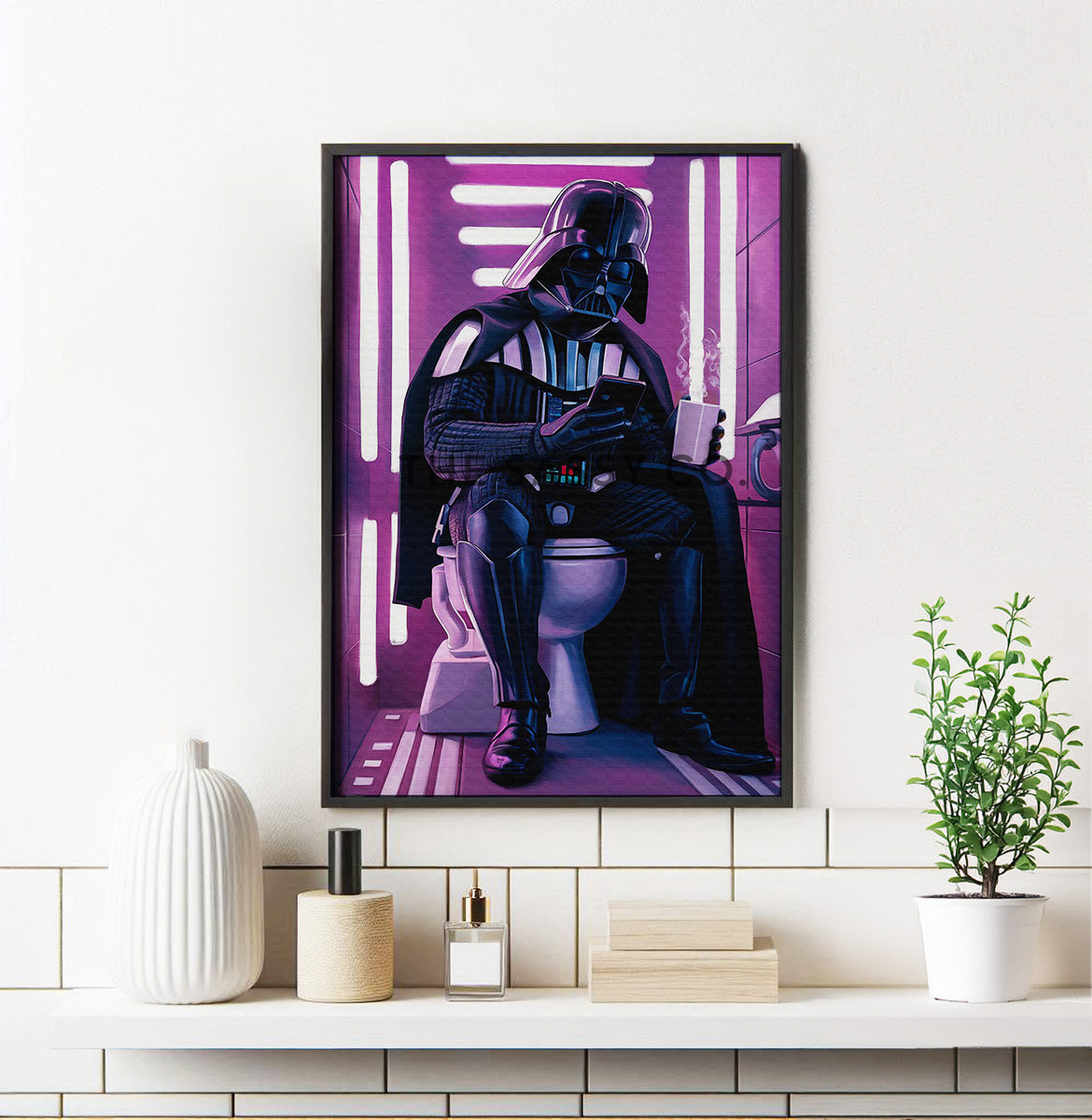 Star Wars inspired, Pink Neon Darth Vader bathroom wall art painting canvas, framed print for bathroom decor