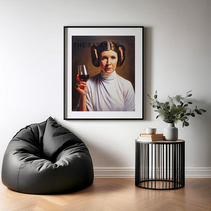 Star Wars inspired, Princess Leia with wine wall art painting, canvas & framed print for Kitchen decor, dining decor, bar art, Home decor