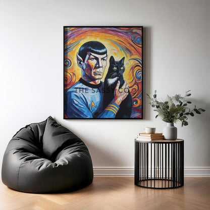 Colorful Star Trek inspired, Spock with cat wall art painting canvas print, framed print for bedroom, gaming room decor