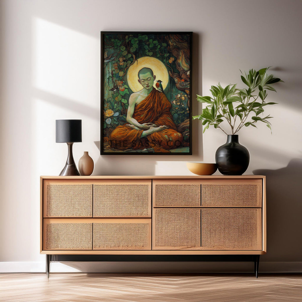 Buddhist monk meditating wall art painting canvas print, framed print for living room, bedroom, home