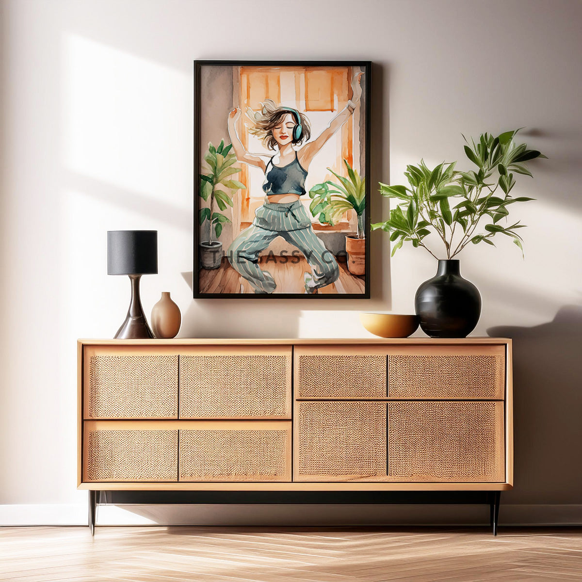 an orange, brown, green boho style watercolor modern Woman dancing with headphones, wall art painting canvas gallery wrap, framed artwork print for bedroom wall and modern Indian home boho wall art decor