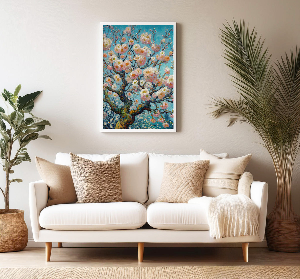 Van Gogh style Cherry blossom flowers floral botanical wall art painting canvas, framed print for bedroom, living room, home decor