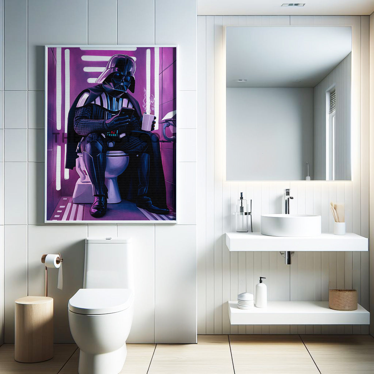 Star Wars inspired, Pink Neon Darth Vader bathroom wall art painting canvas, framed print for bathroom decor