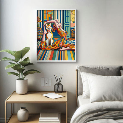 Woman doing yoga, happy pet dog, colorful wall art painting canvas & framed print for bedroom, living room, home decor