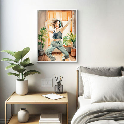 an orange, brown, green boho style watercolor modern Woman dancing with headphones, wall art painting canvas gallery wrap, framed artwork print for bedroom wall and modern Indian home boho wall art decor