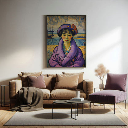 Vintage style Japanese woman purple wall art painting canvas & framed print for living room and home decor 