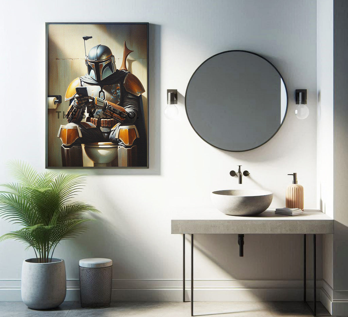 Star Wars inspired, Funny Mandalorian bathroom wall art painting canvas, framed print for bathroom decor