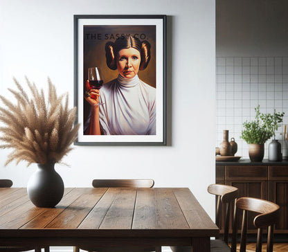 Star Wars inspired, Princess Leia with wine wall art painting, canvas & framed print for Kitchen decor, dining decor, bar art, Home decor