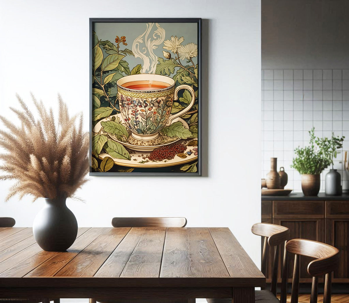 a pastel blue and green vintage style tea artwork. Tea leaves, cup wall art painting canvas, framed art print for dining room, home wall decor. Buy modern wall art paintings online India.