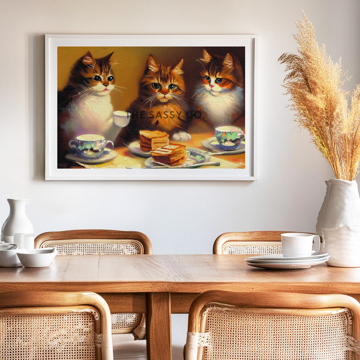 Three cats having a tea party, wall art painting for drawing room. Canvas wall art painting prints, framed art prints for bedroom, living room, home decor. Buy wall art painting online India.