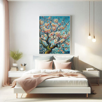 Van Gogh style Cherry blossom flowers floral botanical wall art painting canvas, framed print for bedroom, living room, home decor