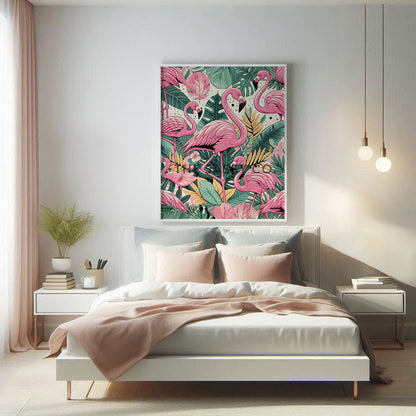 Modern pink flamingo, tropical animal wall art painting canvas print, framed print for bedroom, living room, home decor