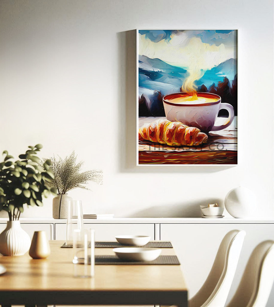 Coffee Croissant against a backdrop of mountains, cold winter, Cafe Style Wall art painting, canvas & framed print for Kitchen, Dining, home decor