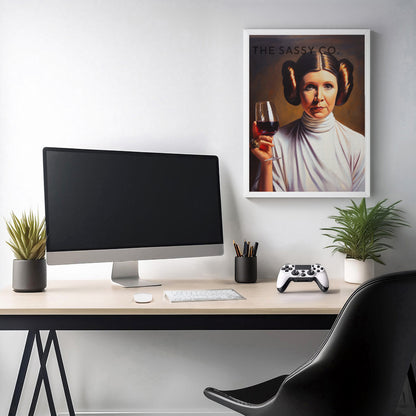 Star Wars inspired, Princess Leia with wine wall art painting, canvas & framed print for Kitchen decor, dining decor, bar art, game room, Home decor