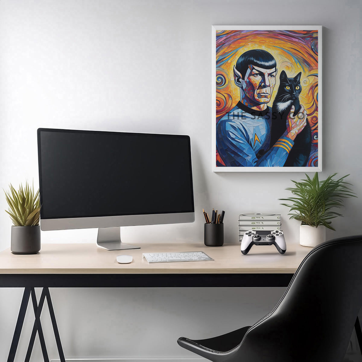 Colorful Star Trek inspired, Spock with cat wall art painting canvas print, framed print for bedroom, gaming room decor