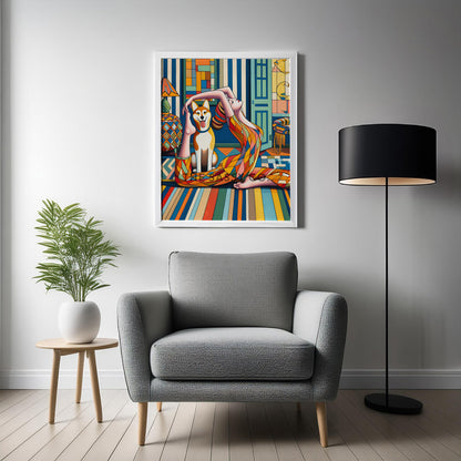 Woman doing yoga, happy pet dog, colorful wall art painting canvas & framed print for bedroom, living room, home decor