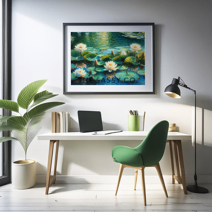 Floral white Lotus pond, Botanical wall art painting canvas & framed print for bedroom, living room, home decor