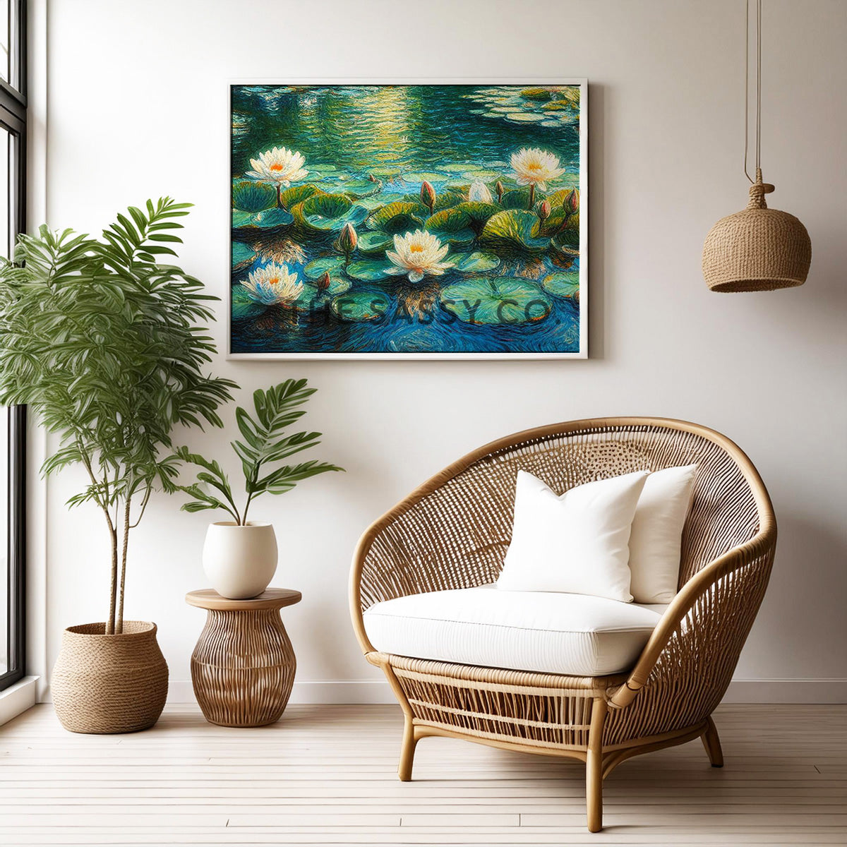 Floral white Lotus pond, Botanical wall art painting canvas & framed print for bedroom, living room, home decor