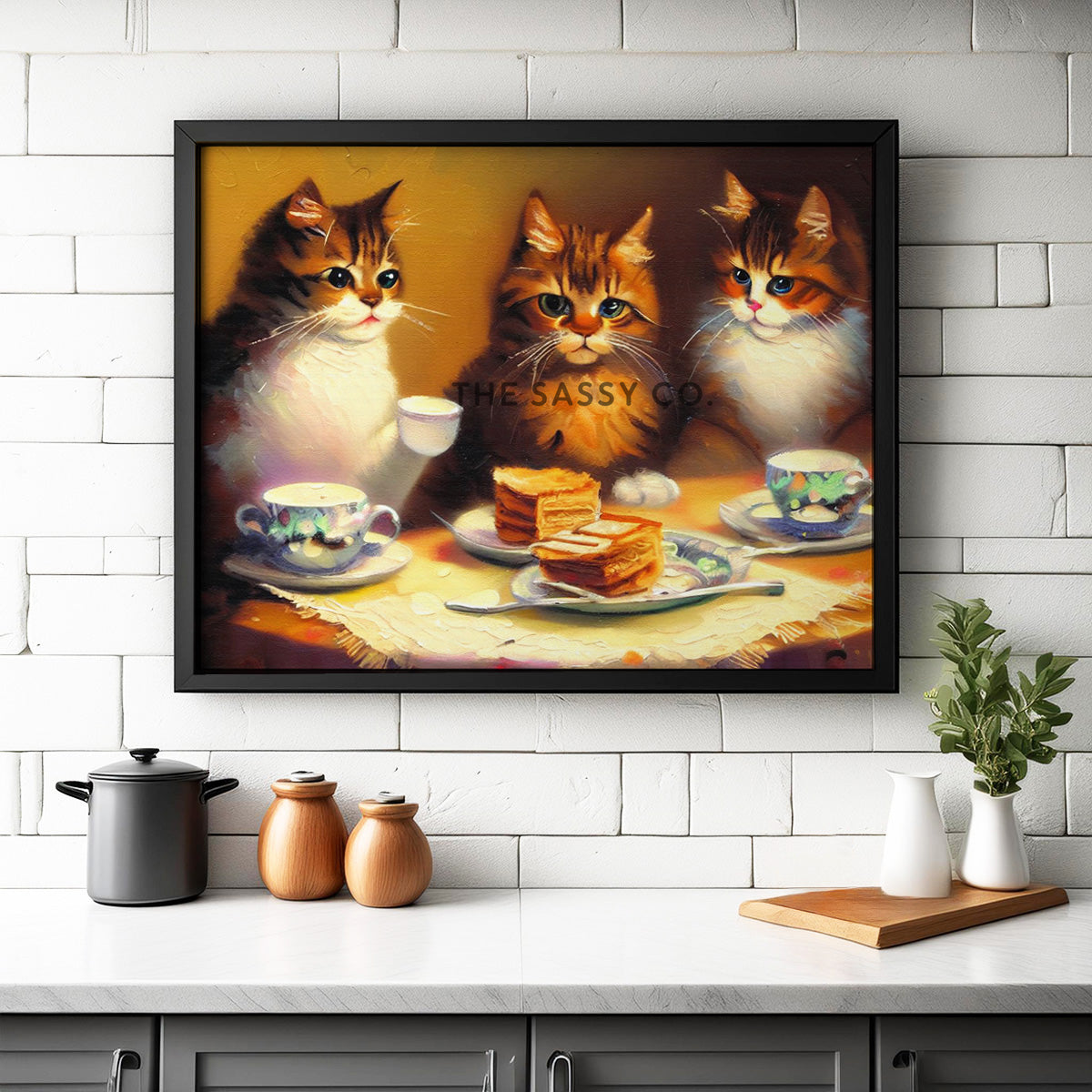 Three cats having a tea party, wall art painting for drawing room. Canvas wall art painting prints, framed art prints for bedroom, living room, home decor. Buy wall art painting online India.