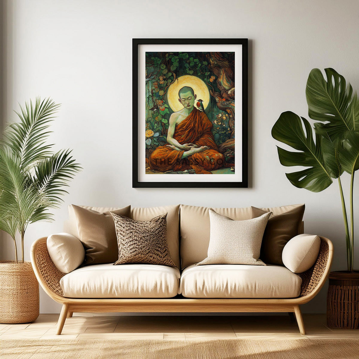 Buddhist monk meditating wall art painting canvas print, framed print for living room, bedroom, home