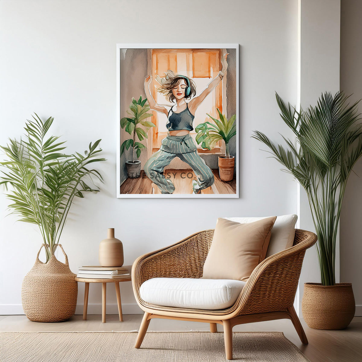 an orange, brown, green boho style watercolor modern Woman dancing with headphones, wall art painting canvas gallery wrap, framed artwork print for bedroom wall and modern Indian home boho wall art decor