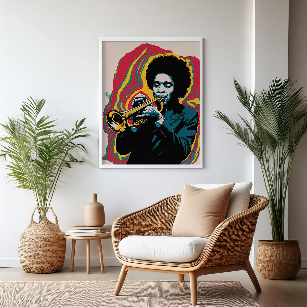 Retro pop art style, Boho, red yellow, blue jazz music wall art painting canvas & framed print for living room, bedroom, home decor