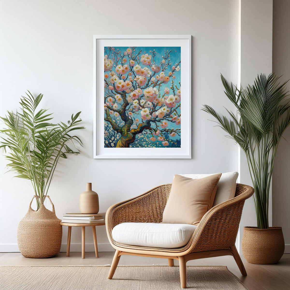 Van Gogh style Cherry blossom flowers floral botanical wall art painting canvas, framed print for bedroom, living room, home decor