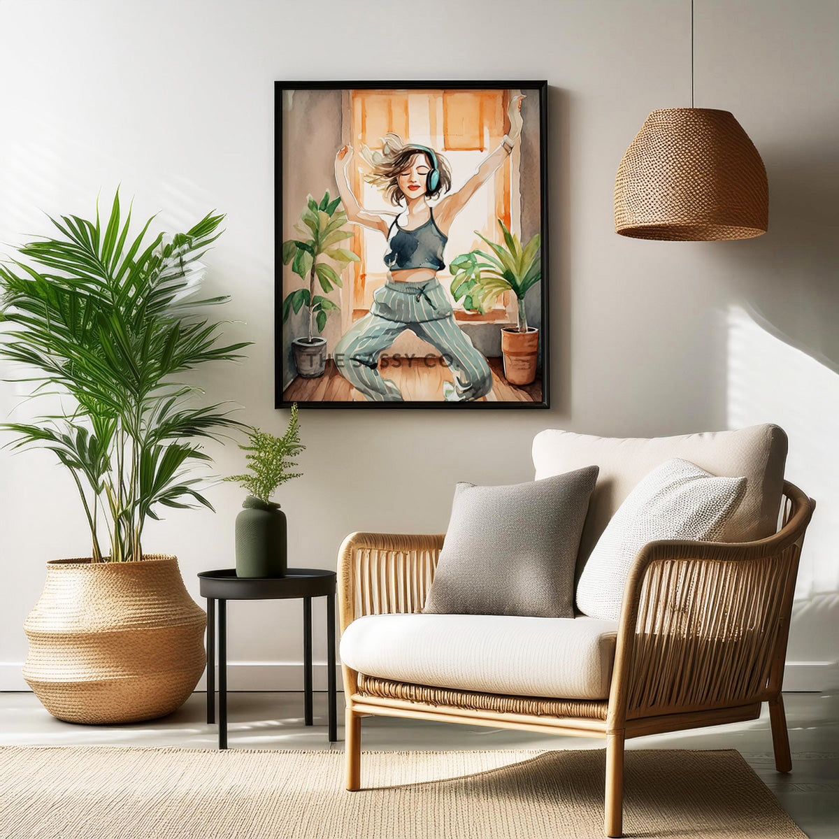 an orange, brown, green boho style watercolor modern Woman dancing with headphones, wall art painting canvas gallery wrap, framed artwork print for sitting room, bedroom wall and modern Indian home boho wall art decor