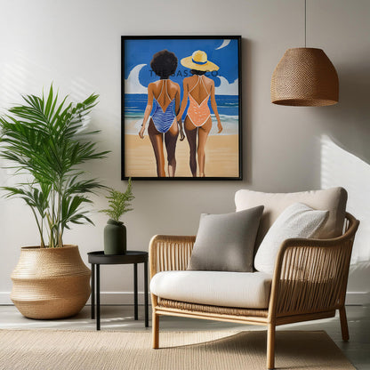 Boho Style women at the beach wall art painting canvas print, framed print for bedroom, living room, home decor