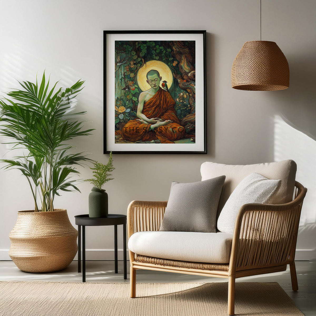 Buddhist monk meditating wall art painting canvas print, framed print for living room, bedroom, home