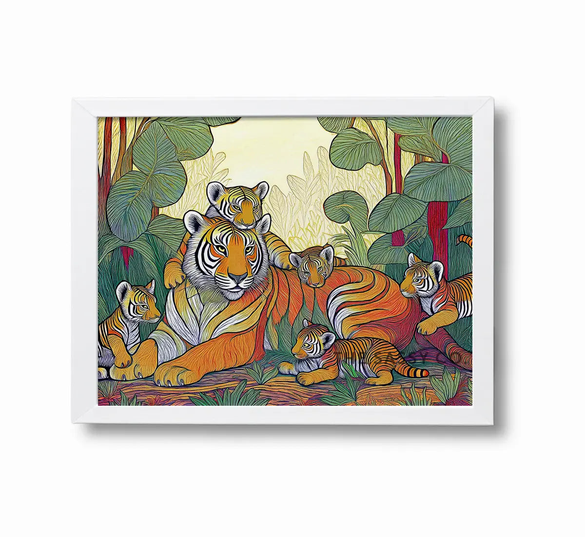 An abstract, modern, aesthetic wall art canvas painting of a Royal Bengal tigress with her cubs. The colorful artwork is perfect for wall art decor. This tribal style art print is a vibrant addition to any living room or home decor. Ideal for wildlife, tiger and nature lovers. Large size wall painting. White framed art print.