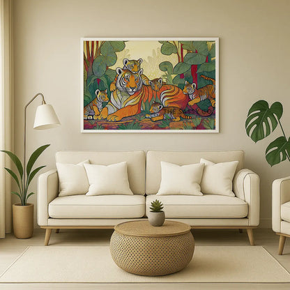An abstract, modern, aesthetic wall art canvas painting of a Royal Bengal tigress with her cubs. The colorful artwork is perfect for wall art decor. This tribal style art print is a vibrant addition to any living room or home decor. Ideal for wildlife, tiger and nature lovers. Large size wall painting.