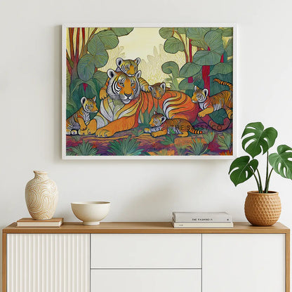 An abstract, modern, aesthetic wall art canvas painting of a Royal Bengal tigress with her cubs. The colorful artwork is perfect for wall art decor. This tribal style art print is a vibrant addition to any living room or home decor. Ideal for wildlife, tiger and nature lovers. Large size wall painting.