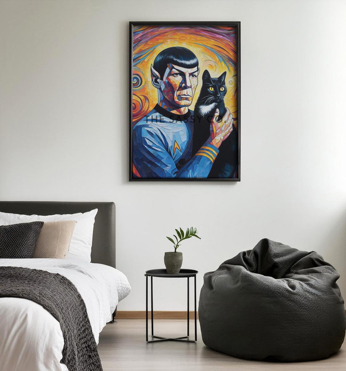 Colorful Star Trek inspired, Spock with cat wall art painting canvas print, framed print for bedroom, gaming room decor