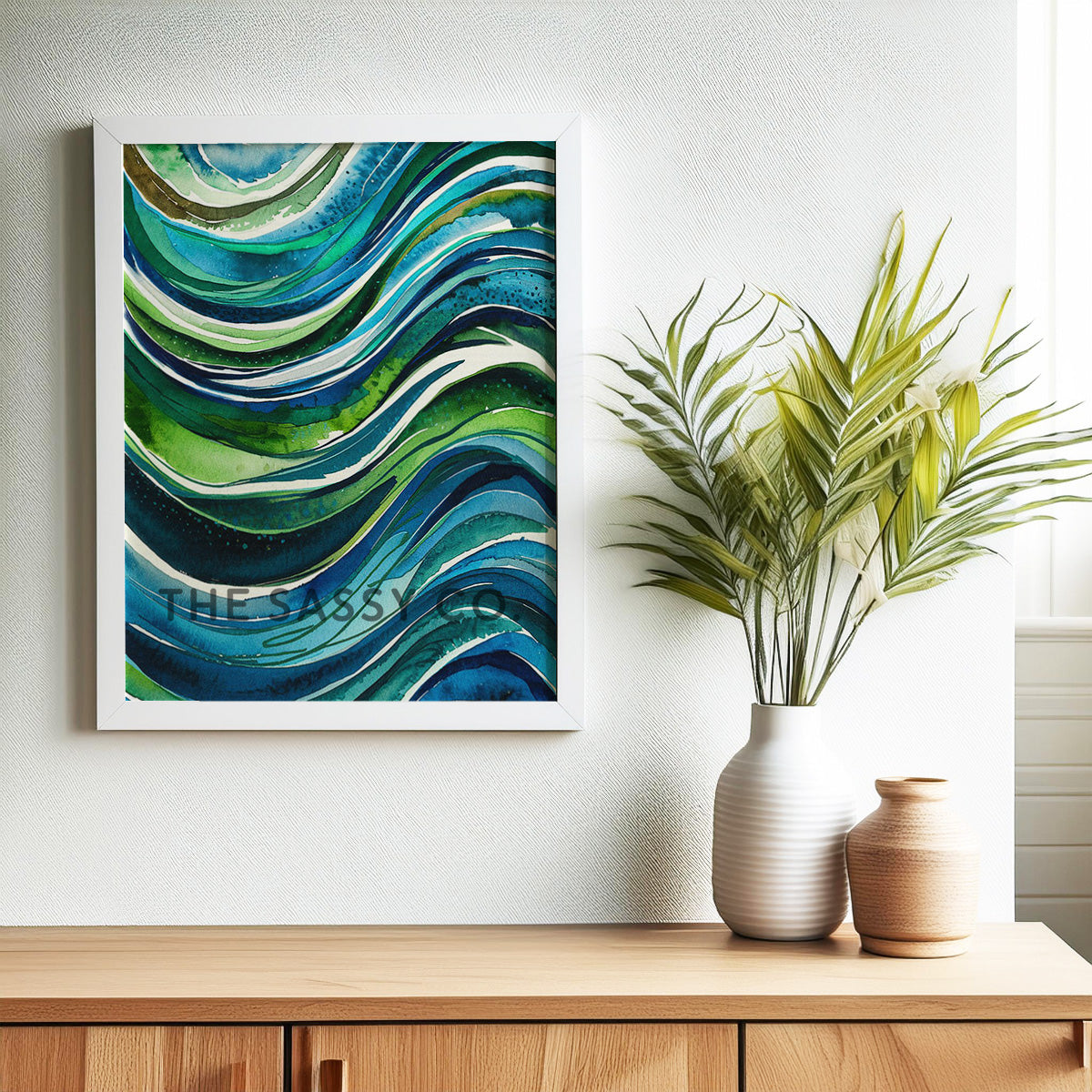 Watercolor style Abstract Nature Blue Green Sea Wall Art Painting Canvas Print, framed print for living room, office, home decor