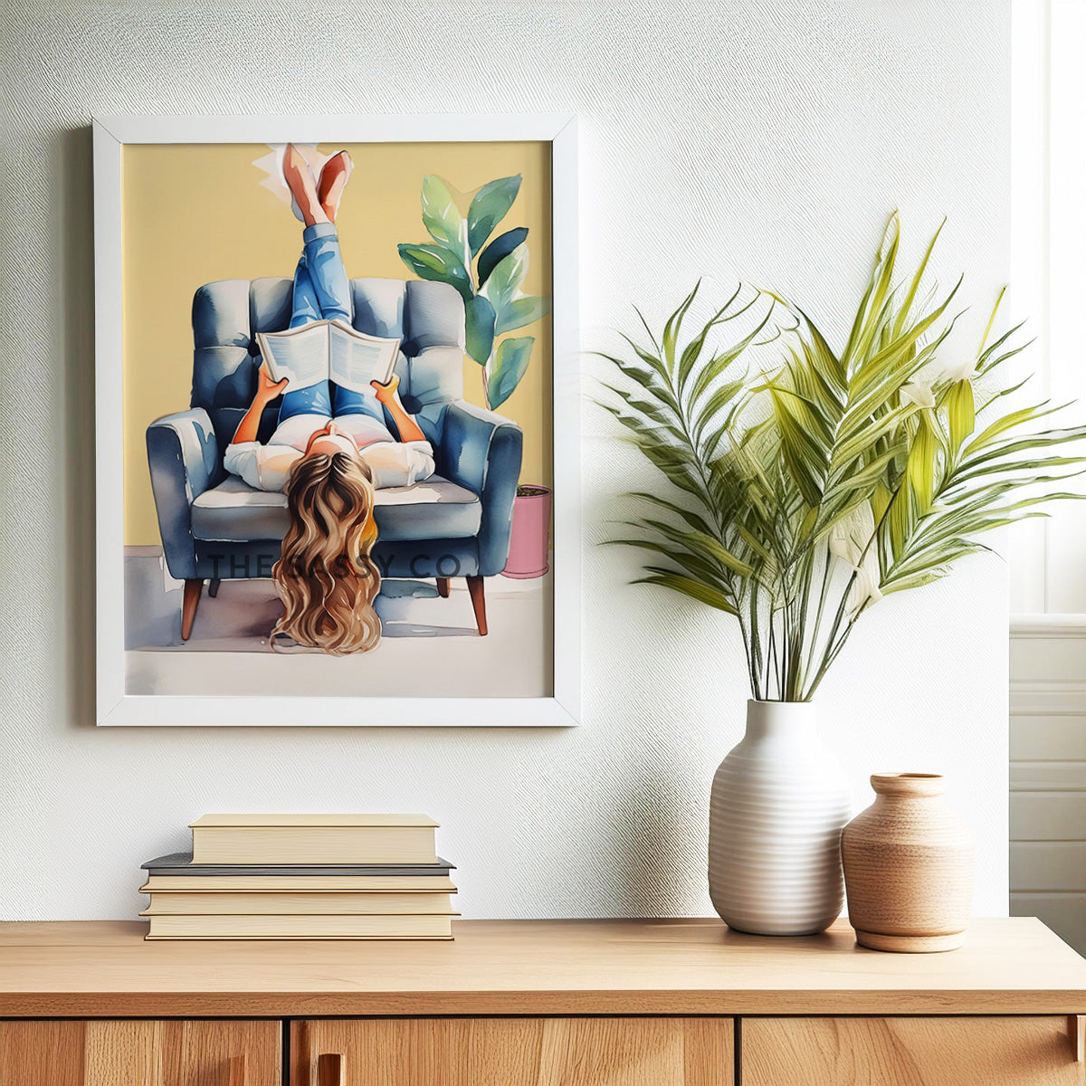 Woman reading book on couch, watercolor wall art painting canvas print, framed print for bedroom, living room, home decor