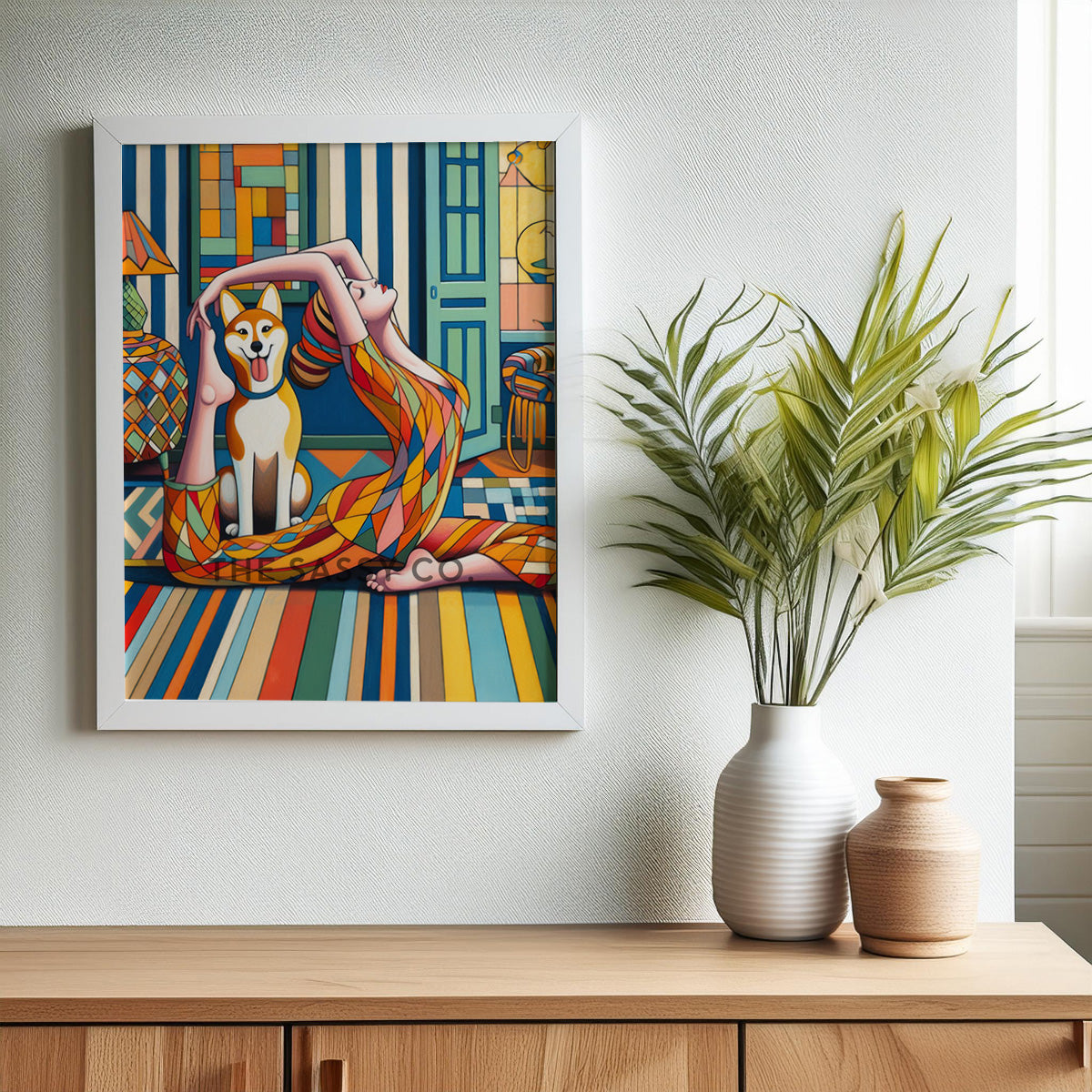 Woman doing yoga, happy pet dog, colorful wall art painting canvas & framed print for bedroom, living room, home decor