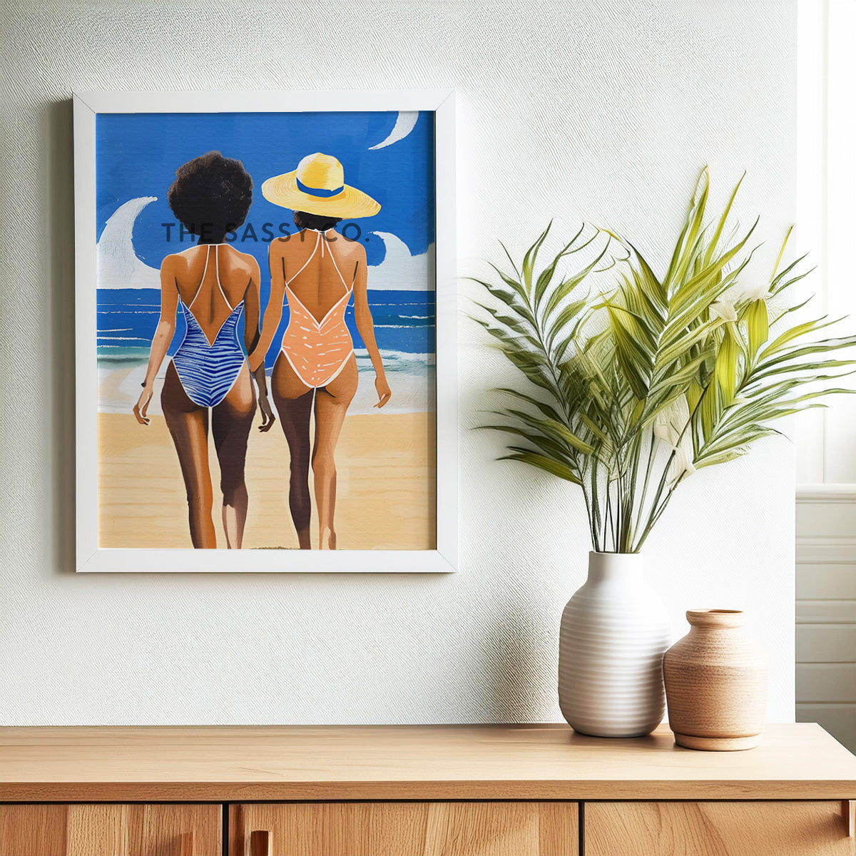 Boho Style women at the beach wall art painting canvas print, framed print for bedroom, living room, home decor