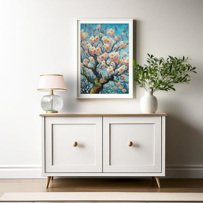 Van Gogh style Cherry blossom flowers floral botanical wall art painting canvas, framed print for bedroom, living room, home decor